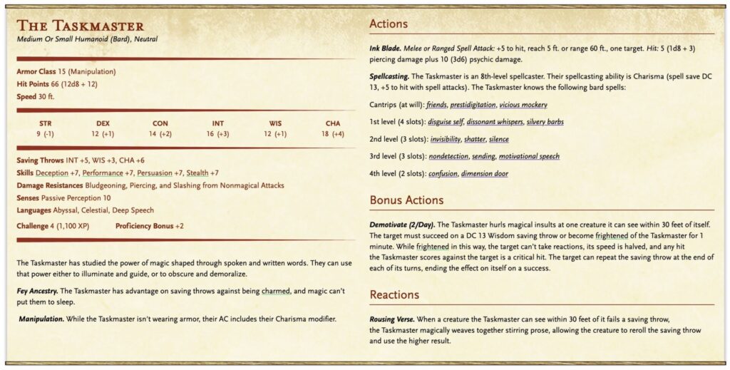 Special traits description The Taskmaster has studied the power of magic shaped through spoken and written words. They can use that power either to illuminate and guide, or to obscure and demoralize. Fey Ancestry. The Taskmaster has advantage on saving throws against being charmed, and magic can’t put them to sleep. Manipulation. While the Taskmaster isn't wearing armor, their AC includes their Charisma modifier. Actions Description Ink Blade. Melee or Ranged Spell Attack: [rollable]+5;{"diceNotation":"1d20+5","rollType":"to hit","rollAction":"Ink Blade"}[/rollable] to hit, reach 5 ft. or range 60 ft., one target. Hit: 5 [rollable](1d8 + 3);{"diceNotation":"1d8+3","rollType":"damage","rollAction":"Ink Blade","rollDamageType":"piercing"}[/rollable] piercing damage plus 10 [rollable](3d6);{"diceNotation":"3d6","rollType":"damage","rollAction":"Ink Blade","rollDamageType":"psychic"}[/rollable] psychic damage. Spellcasting. The Taskmaster is an 8th-level spellcaster. Their spellcasting ability is Charisma (spell save DC 13, +5 to hit with spell attacks). The Taskmaster knows the following bard spells: Cantrips (at will): friends, prestidigitation, vicious mockery 1st level (4 slots): disguise self, dissonant whispers, [spell]silvery barbs[/spell] 2nd level (3 slots): invisibility, shatter, silence 3rd level (3 slots): nondetection, sending, [spell]motivational speech[/spell] 4th level (2 slots): confusion, dimension door Reactions description Rousing Verse. When a creature the Taskmaster can see within 30 feet of it fails a saving throw, the Taskmaster magically weaves together stirring prose, allowing the creature to reroll the saving throw and use the higher result. Bonus actions description Demotivate (2/Day). The Taskmaster hurls magical insults at one creature it can see within 30 feet of itself. The target must succeed on a DC 13 Wisdom saving throw or become [condition]frightened[/condition] of the Taskmaster for 1 minute. While [condition]frightened[/condition] in this way, the target can’t take reactions, its speed is halved, and any hit the Taskmaster scores against the target is a critical hit. The target can repeat the saving throw at the end of each of its turns, ending the effect on itself on a success.
