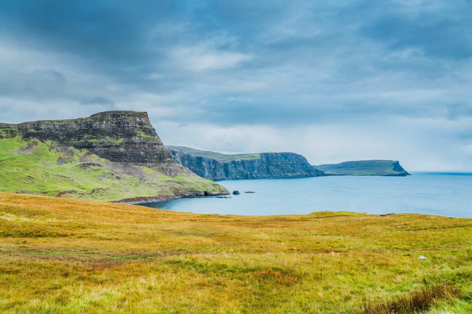 Dramatic sea cliffs in Scotland under a cloudy sky