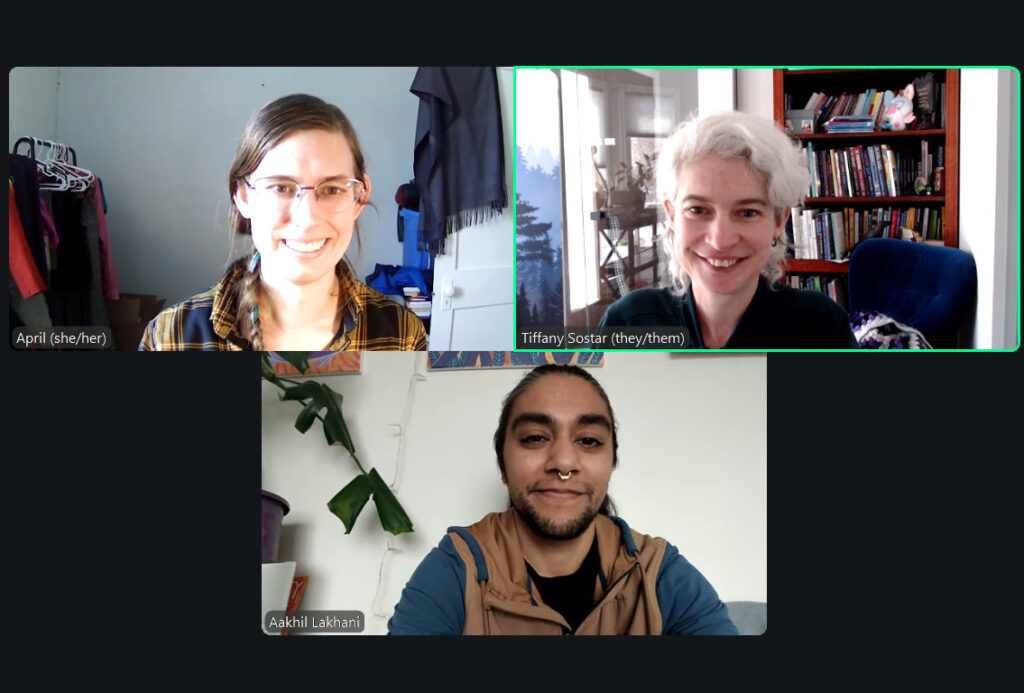 Zoom screenshot of Tiffany Sostar, Aakhil Lakhani and April Wick