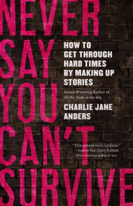 Never Say You Can't Survive book jacket. Large pink text on a black background